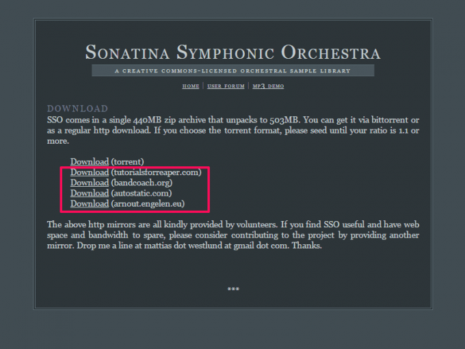 サウンドフォント「Sonatina Symphonic Orchestra」のダウンロード画面