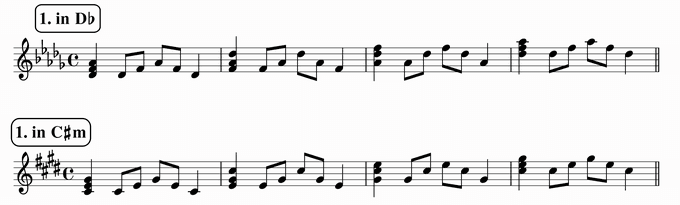 バスティンベーシックスピアノ４　転回形のおさらい　移調練習　次のリズム１ in D♭ & C♯m