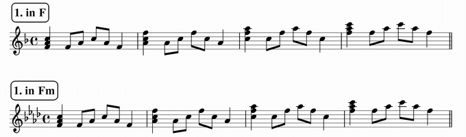 バスティンベーシックスピアノ４　転回形のおさらい　移調練習　次のリズム１ in F & Fm
