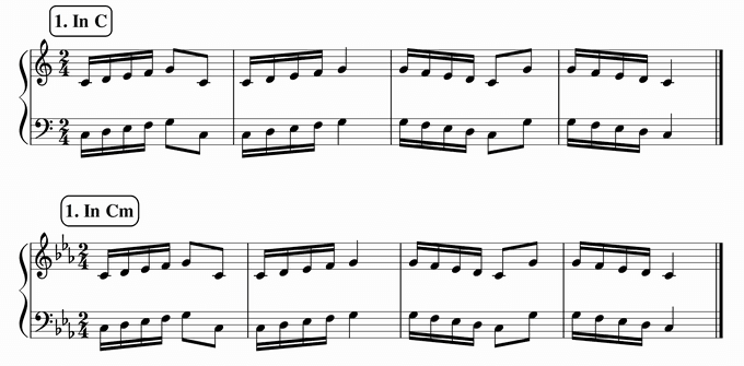 バスティン４巻、16分音符予備練習１ in C & Cm 楽譜